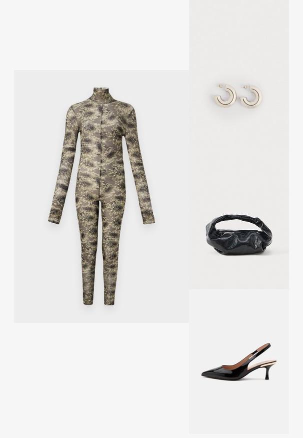 Langsleeve, aansluitende body in transparant materiaal met een bloemenpatroon in beige en donkere tinten, met een hoge hals en lange benen.; Zwarte lakleren slingback pump met puntige neus en lage kittenheel op een eenvoudige witte achtergrond.; Zwarte tas van glanzend, textuur materiaal met een ronde, gedraaide handgreep en een ritsluiting. Heeft een zacht, gekreukt ontwerp.; Metalen oorringen met een gebogen ontwerp, voorzien van een gepolijste zilveren afwerking en dunne zwarte accentlijnen. Met een steeksluiting voor bevestiging.