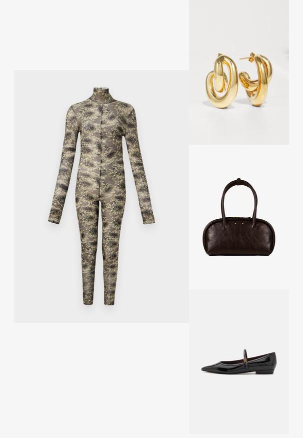 Langærmet, tætsiddende bodysuit i gennemsigtigt stof med et blomstermønster i beige og mørke nuancer, der har høj hals og lange ben.; Sorte patenterede lædersko med spids tå og en lille blokhæl, udstyret med en slank ankelrem og detalje i guldfarve.; Mørkebrun læderhåndtaske med afrundede øverste kanter, to lange håndtag og en lille rektangulær logo plade på forsiden.; Charlotte Chesnais BO INITIAL BLOW - Øreringe - gold-coloured