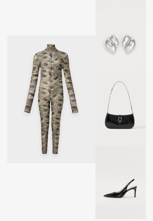 Langärmliger, taillierter Body aus transparentem Stoff mit floralem Muster in Beige- und dunklen Tönen, ausgestattet mit einem hohen Kragen und langen Beinen.; Schwarz lackierte Slingback-Pumps mit spitzem Zehenbereich, schlankem Absatz und einem subtilen Ausschnittdesign. Verfügt über eine goldene Schnalle am Riemen.; Schwarze Schultertasche aus Lackleder mit silberner Schnalle und silbernem Kettenriemen, auf hellem einfarbigen Hintergrund präsentiert.; Silberne Ohrringe mit einer organischen, abstrakten Form. Glatte, glänzende Oberfläche mit einem konischen Design. Mit dezenten Kurven und einem zentralen Linienelement.