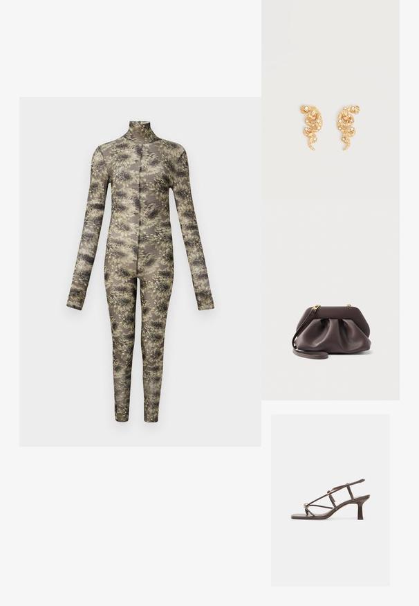 Langærmet, tætsiddende bodysuit i gennemsigtigt stof med et blomstermønster i beige og mørke nuancer, der har høj hals og lange ben.; Brun læder sandal med remme, firkantet tå, mellemhøj blokhæl og justerbar ankelrem med guldbeslag.; Mørkebrun blød skindclutch med guldfarvet hardware og aftagelig rem, med et rynket, samlet design på en ensfarvet baggrund.; Øreringe i guldfarve formet som slanger, pyntet med små klare krystaller på en ensfarvet lys baggrund.