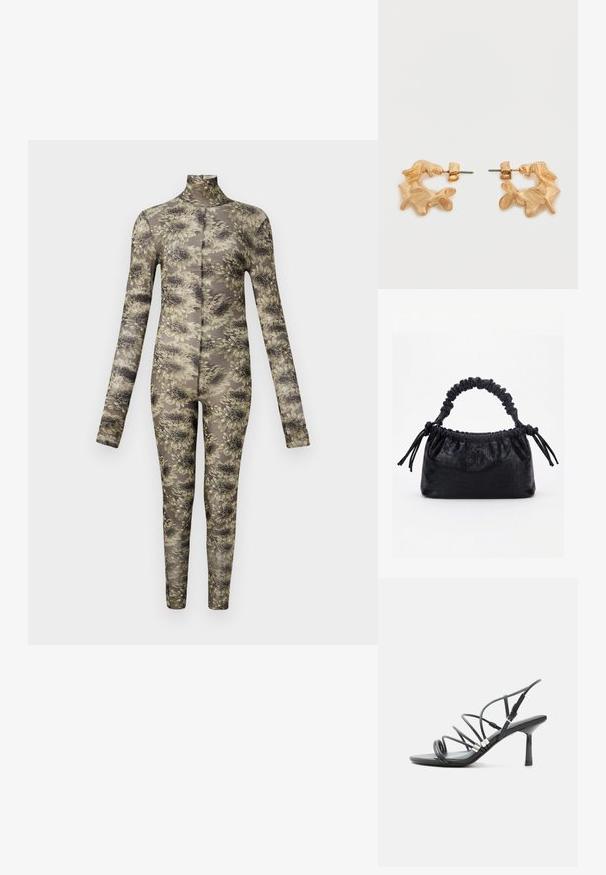 Langärmliger, taillierter Body aus transparentem Stoff mit floralem Muster in Beige- und dunklen Tönen, ausgestattet mit einem hohen Kragen und langen Beinen.; Schwarze High-Heel-Sandale mit dünnen, geschwungenen Riemen, silbernen Akzenten und verstellbarer Knöchelschnalle auf weißem Hintergrund.; Schwarze Handtasche mit Krokodilstruktur, gerafftem oberen Rand, zusammengezogenem Griff und Zugkordeln mit Quasten an jeder Seite vor weißem Hintergrund.; Ohrstecker in Goldoptik mit abstrakter, organischer Form, die eine strukturierte Oberfläche und einen Steckverschluss aufweisen.