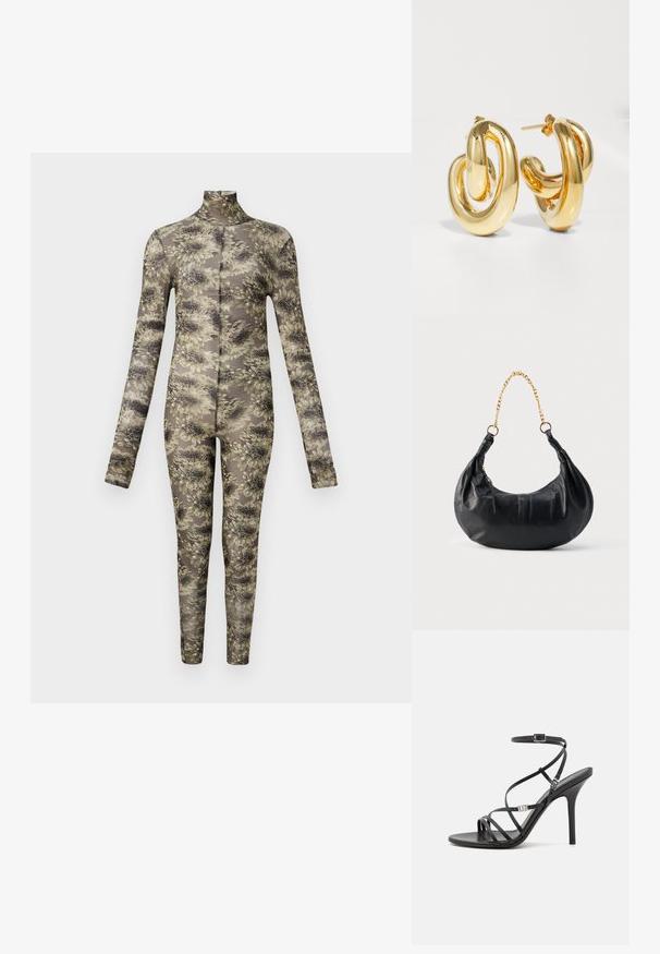 Langærmet, tætsiddende bodysuit i gennemsigtigt stof med et blomstermønster i beige og mørke nuancer, der har høj hals og lange ben.; Sort højhælet sandal med tynde stropper, en ankelspænde, en glat læderoverflade og en slank stilethæl.; Sort læderhåndtaske i halvmåneform med gyldent kæderem og lynlås på siden.; Charlotte Chesnais BO INITIAL BLOW - Øreringe - gold-coloured