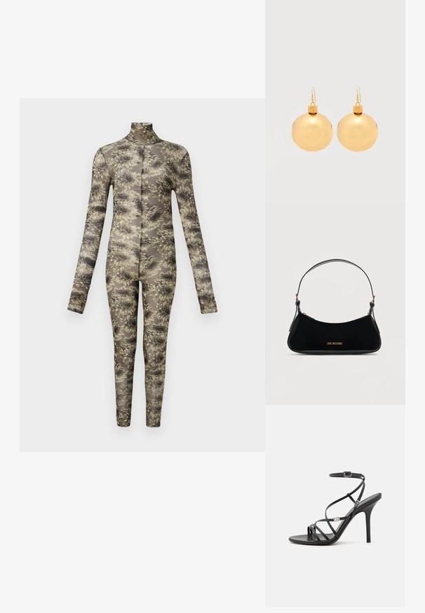 Langsleeve, aansluitende body in transparant materiaal met een bloemenpatroon in beige en donkere tinten, met een hoge hals en lange benen.; Zwarte hoge hakken sandaal met dunne banden, een enkelgesp, een gladleren oppervlak en een slanke stilettohak.; Zwarte schoudertas van lakleer met een gebogen vorm, gouden "LOVE MOSCHINO"-logo aan de voorkant en verstelbare band met gouden accessoires.; Een paar glanzende gouden kerstbal-oorbellen met haaksluitingen op een effen witte achtergrond.