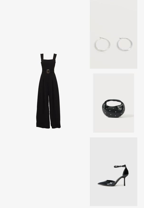 Sort jumpsuit med vide ben, firkantet udskæring, justerbare stropper, talje med bælte og rektangulær spænde samt plisserede detaljer foran.; Sort patentlæder højhælede sko med spids tå, ankelrem og slank stiletto hæl; glat, blank overflade og minimalistisk design.; Sort læderhåndtaske med en rundet form, dekoreret med sølvnitter, og et kort håndtag. Glat tekstur og lynlåslukning.; Sølvfarvede metaloorringe med glat, let buet overflade og låsemekanisme på en ensfarvet hvid baggrund.