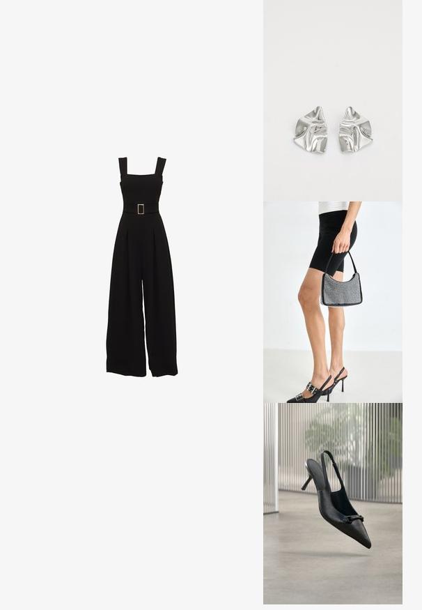 Schwarzer Jumpsuit mit weitem Bein, quadratischem Ausschnitt, verstellbaren Trägern, einem taillierten Gürtel mit rechteckiger Schnalle und plissierten Details vorne.; Schwarzer, strukturierter Leder-Slingback-Hochschuh mit spitzer Spitze und einer kleinen dekorativen Schnalle, der über einem glatten Boden zu schweben scheint.; Schwarze Perlen-Handtasche mit geschwungener Silhouette, Tragegriff und glänzender Textur. Kombiniert mit schwarzen High Heels und enganliegenden schwarzen Shorts.; Silberne Metallohrringe mit einem wellenförmigen, skulpturalen Design, das eine polierte Oberfläche und unregelmäßige Formen aufweist, die eine zeitgenössische Ästhetik betonen.