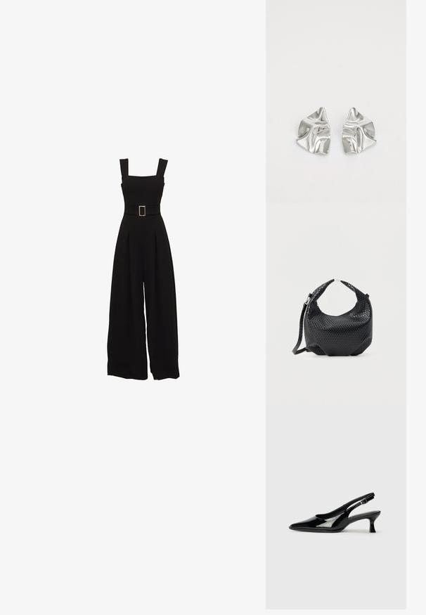 Combinaison noire à jambes larges avec un décolleté carré, des bretelles réglables, une taille ceinturée avec une boucle rectangulaire et des détails plissés à l'avant.; Escarpins en cuir verni noir avec un bout pointu et un petit talon carré. Sangle réglable à la cheville avec boucle.; Sac à main en cuir tressé noir avec poignée courte et bandoulière amovible, présenté sur un fond clair uni.; Boucles d'oreilles en métal argenté avec un design ondulé et sculptural, présentant une finition polie et des formes irrégulières, mettant en valeur une esthétique contemporaine.