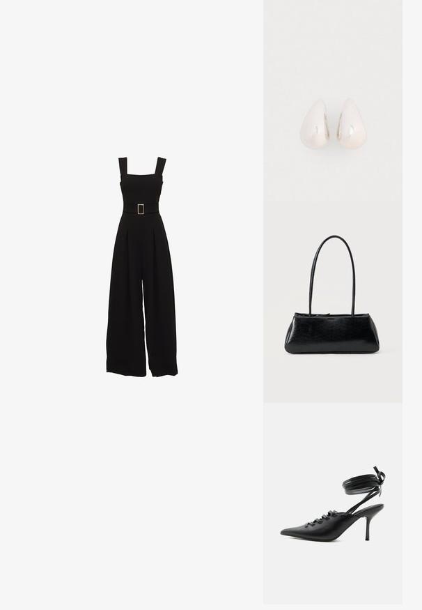 Combinaison noire à jambes larges avec un décolleté carré, des bretelles réglables, une taille ceinturée avec une boucle rectangulaire et des détails plissés à l'avant.; Chaussure à talon haut noire à bout pointu avec laçage à l'avant et brides enroulées autour de la cheville nouées en nœud, vue de côté sur fond blanc.; Sac à épaule rectangulaire noir avec de longues bretelles fines et une texture lisse et brillante sur un fond uni.; Boucles d'oreilles en métal argenté en forme de goutte, avec une surface lisse et réfléchissante, présentant un design sans couture et sans embellissements visibles.