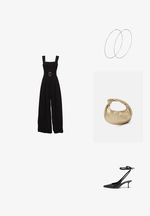 Sort jumpsuit med vide ben, firkantet udskæring, justerbare stropper, talje med bælte og rektangulær spænde samt plisserede detaljer foran.; Sorte læder stiletto sko med spids tå, åben bag, og ankelstropper bundet i en sløjfe. Slank 3-tommers hæl. Glat overflade, minimalistisk design.; Guldmetal taske med en glat, shiny overflade. Har et knyttet håndtag og en rund, blød form. Lynlåslukning langs toppen.; Sølvøreringe med et minimalistisk design. Cirkulær form, glat tekstur og tynd profil. Letvægtige med en poleret overflade.