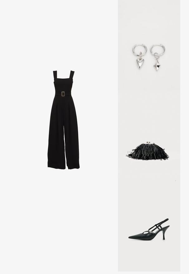 Combinaison noire à jambes larges avec un décolleté carré, des bretelles réglables, une taille ceinturée avec une boucle rectangulaire et des détails plissés à l'avant.; Escarpin slingback en cuir noir à bout pointu avec fines brides et une petite boucle décorative argentée sur le côté.; Pochette noire à franges avec fermoir argenté et chaîne, sur un fond clair uni.; Boucles d'oreilles en argent en forme de créoles, ornées d'un cœur et d'un pendentif en forme de diamant. Texture lisse avec une finition polie.