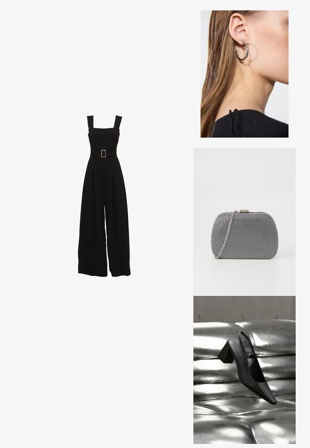 Sort jumpsuit med vide ben, firkantet udskæring, justerbare stropper, talje med bælte og rektangulær spænde samt plisserede detaljer foran.; Sort slingback-hæl med spids tå, der har en tekstureret overflade og en chunky blokhæl. Lagt mod en skinnende, metallisk baggrund.; Sorte og hvide teksturerede clutch-taske med rund form, sølvfarvet kædetrækt, og en metalspænde på toppen.; Sølv hoop ørestik med en poleret overflade, prydet med små guld accenter og en rund form, båret på øreflippen.