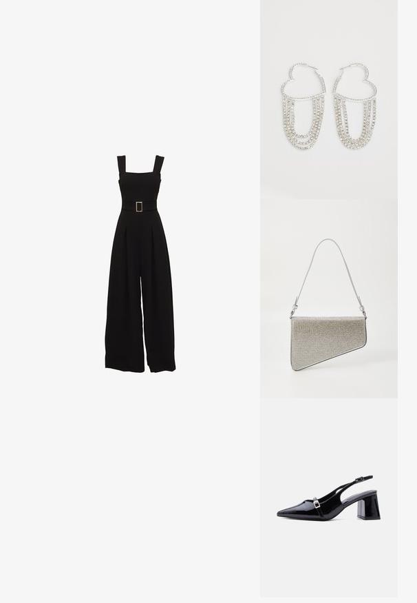 Sort jumpsuit med vide ben, firkantet udskæring, justerbare stropper, talje med bælte og rektangulær spænde samt plisserede detaljer foran.; Sort laklæder slingback-hæl med spids tå, lav blokhæl og to små sølvspænder på stropperne.; Clutch taske med en trekantet form, dækket af sølvfarvet mesh-stof. Har en tynd, justerbar rem og metalhardware detaljer.; Sølv hoops i hjerteform, prydet med hængende strenge af klare rhinsten for ekstra glans og struktur.