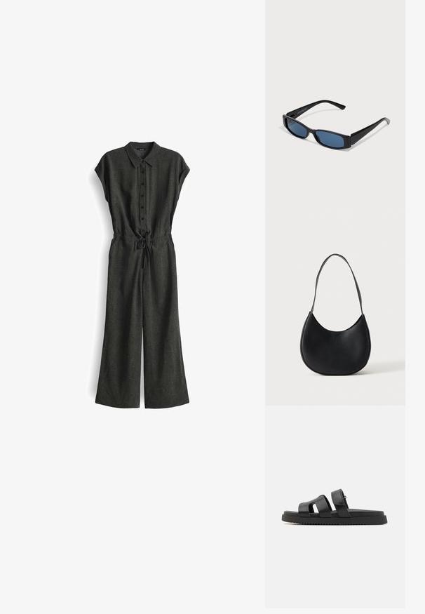 Zwart en groen gestippeld jumpsuit met kraag, korte mouwen, knoopsluiting aan de voorkant, verstelbare taille met trekkoord en wijd uitlopende pijpen.; Zwarte leren sandalen met twee brede banden, open teen ontwerp en een dikke zwarte rubberen zool met een gestructureerd, geribbeld patroon.; Zwarte zonnebril met een slank rechthoekig frame en blauwe lenzen. Heeft een gladde textuur en stevige pootjes. Merklogo aan de zijkant.; Zwarte leren schoudertas in halve maansvorm met een enkele riem en subtiel gegraveerde merknaam op een effen lichte achtergrond.