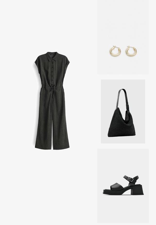 Zwart en groen gestippeld jumpsuit met kraag, korte mouwen, knoopsluiting aan de voorkant, verstelbare taille met trekkoord en wijd uitlopende pijpen.; Zwarte leren platform sandalen met een open teen ontwerp, enkelbandje en een stevige vierkante hak. Soepele textuur en minimalistische stijl.; Zwarte geweven draagtas met een zacht, gestructureerd lichaam en een vlakke basis, voorzien van een glad leren zwarte schouderriem en een afgeronde vorm.; Lauren Ralph Lauren BASIC SMALL HOOP - Oorbellen - gold-coloured