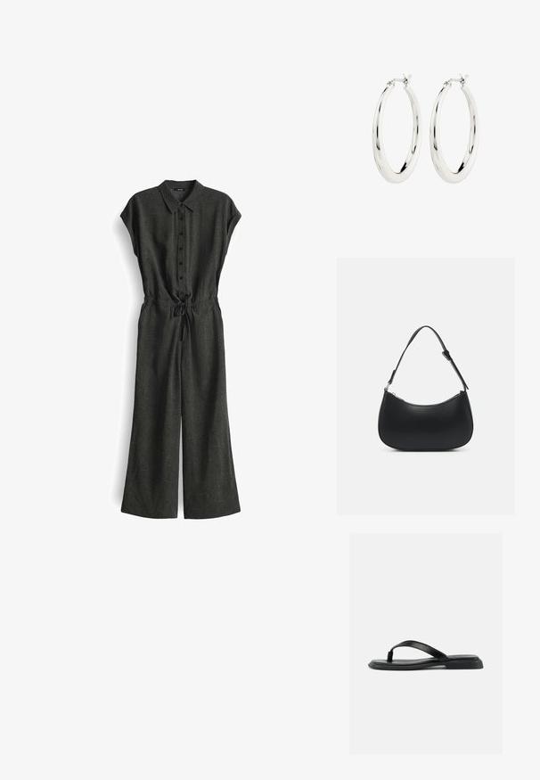 Zwart en groen gestippeld jumpsuit met kraag, korte mouwen, knoopsluiting aan de voorkant, verstelbare taille met trekkoord en wijd uitlopende pijpen.; Zwarte platte teenslipper met gestructureerde band en licht verhoogde hak, weergegeven in zijprofiel tegen een effen lichte achtergrond.; Pieces PCALUANA SHOULDER BAG - Handtas - black; Zilveren oorbellen in de vorm van een gladde, glanzende ring. Circulaire vorm, voorzien van een veilige sluiting. Eenvoudig en elegant ontwerp.