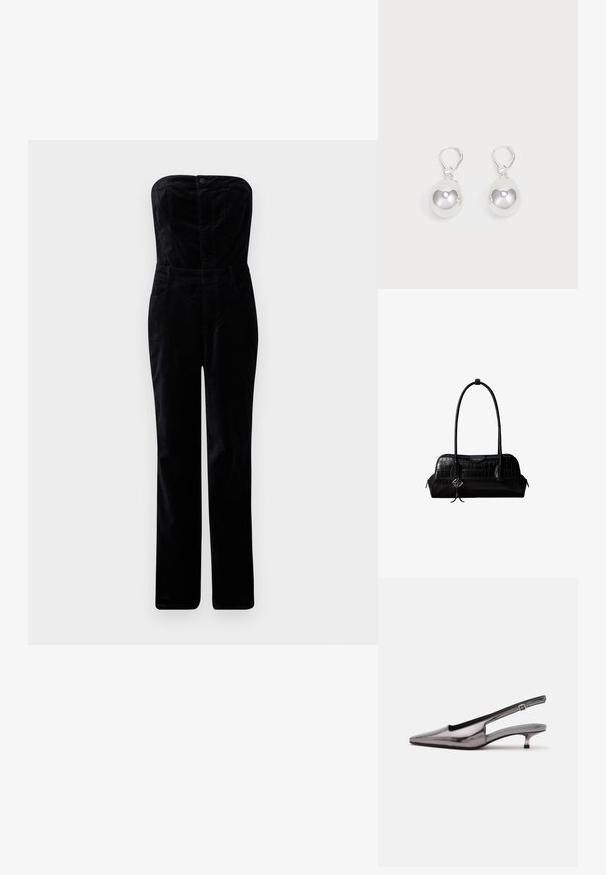 Good American FIT FOR SUCCESS STRAPLESS - Ολόσωμη φόρμα - black; Μεταλλικό γκρι γόβα με μυτερή μύτη, χαμηλό τακούνι kitten και ρυθμιζόμενο λουράκι σε λευκό φόντο.; Μαύρη δερμάτινη τσάντα ώμου με υφή κροκοδείλου, μακριά λουριά και μικρό ασημένιο λογότυπο σε ένα από τα λουριά.; Ασημένια σκουλαρίκια με λεία, στρογγυλά, ανακλαστικά επιφάνειες που κρέμονται από γάντζους. Το φόντο είναι λευκό.
