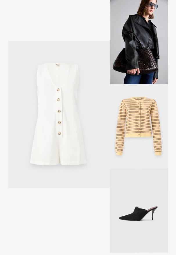 Combinaison blanche sans manches avec col en V et cinq boutons devant, en tissu léger, présentée sur un fond uni.; Cardigan en tricot jaune à manches longues, rayures horizontales marron, col rond, devant boutonné, avec poignets et ourlet côtelés.; Mule noir à talon haut avec bout pointu, tissu doux à texture froncée sur le devant et talon aiguille fin.; DRAGON DIFFUSION SANTA CROCE BIG - Sac à main - dark brown