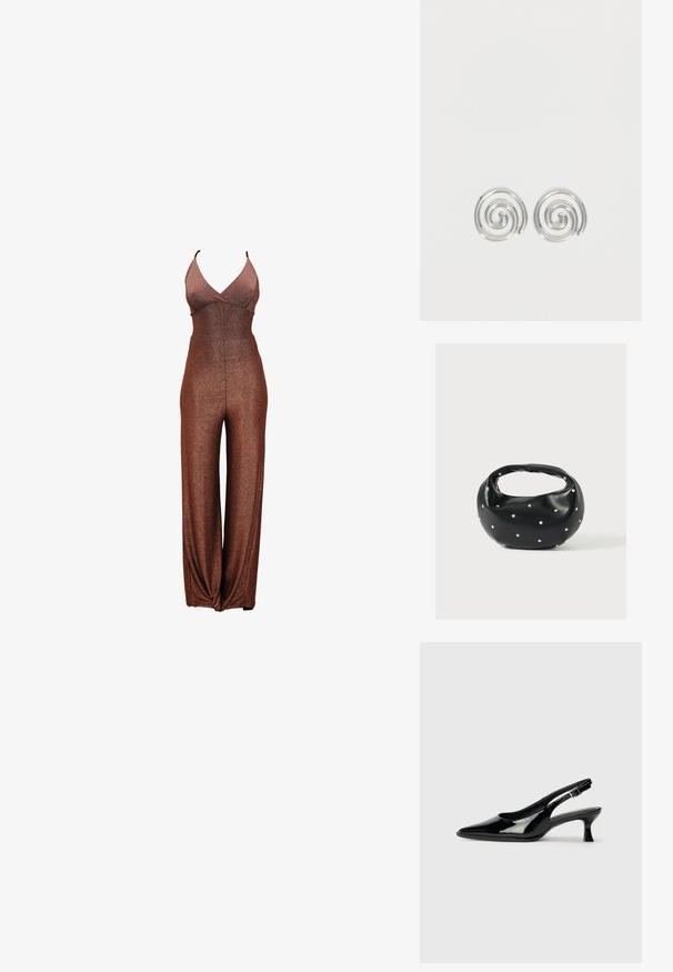 Combinaison en glitter bronze avec un décolleté en V profond, des bretelles fines et une coupe à jambes larges. Texture lisse avec un corsage ajusté et une taille élastique.; Escarpins en cuir verni noir avec un bout pointu et un petit talon carré. Sangle réglable à la cheville avec boucle.; Sac à main en cuir noir de forme arrondie, décoré de clous argentés et équipé d'une poignée courte. Texture lisse et fermeture éclair.; Paire de boucles d'oreilles en forme d'anneau spirale en argent avec un design lisse et arrondi sur fond blanc uni.