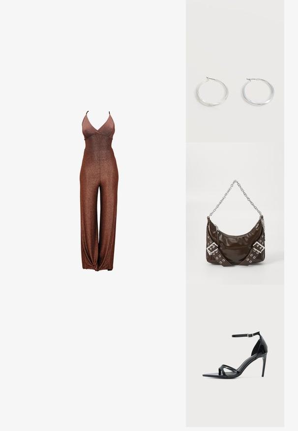 Combinaison en glitter bronze avec un décolleté en V profond, des bretelles fines et une coupe à jambes larges. Texture lisse avec un corsage ajusté et une taille élastique.; Sandale à talon haut en cuir verni noir avec fine bride à la cheville, bout ouvert et design minimaliste sur fond clair uni.; Sac à main en cuir verni marron foncé avec une bandoulière en chaîne argentée, des ceintures décoratives à double boucle et une fermeture éclair.; Boucles d’oreilles créoles en métal argenté avec une surface lisse légèrement incurvée et des fermoirs à clapet sur un fond blanc uni.