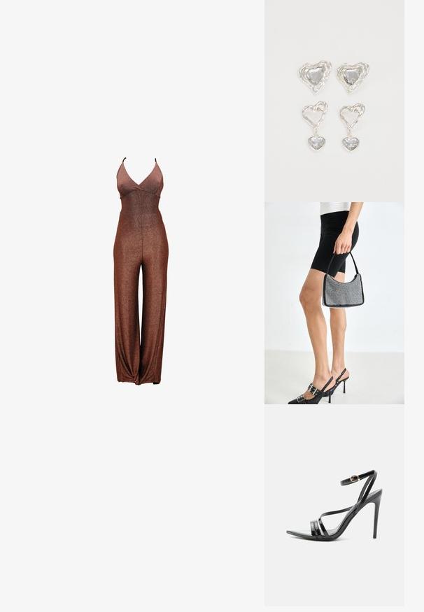 Combinaison en glitter bronze avec un décolleté en V profond, des bretelles fines et une coupe à jambes larges. Texture lisse avec un corsage ajusté et une taille élastique.; Sandale noire à talon haut avec de fines brides sur les orteils et la cheville, avec une boucle dorée sur un talon aiguille élancé.; Sac à main à perles noires avec une silhouette courbée, une poignée de transport et une texture brillante. Porté avec des chaussures à talons hauts noires et un short noir ajusté.; Des boucles d'oreilles en argent en forme de cœur présentent des pierres claires facettées, avec un cadre texturé. L'ensemble comprend des styles à clou et des styles pendants.