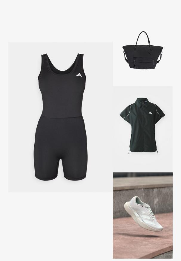 Bodysuit de sport noir avec un design ajusté, sans manches et jambes courtes. Présente un col rond et un accent logo blanc sur la poitrine.; adidas Sportswear STADIUM COVER - Veste sans manches - black/off-white; Chaussure de sport blanche à trois bandes suspendue en l'air au-dessus d'une surface en béton rosâtre et d'un fond en pierre grise.; Grand sac cabas noir avec double poignées, poche zippée à l'avant et bandoulière amovible sur fond blanc.
