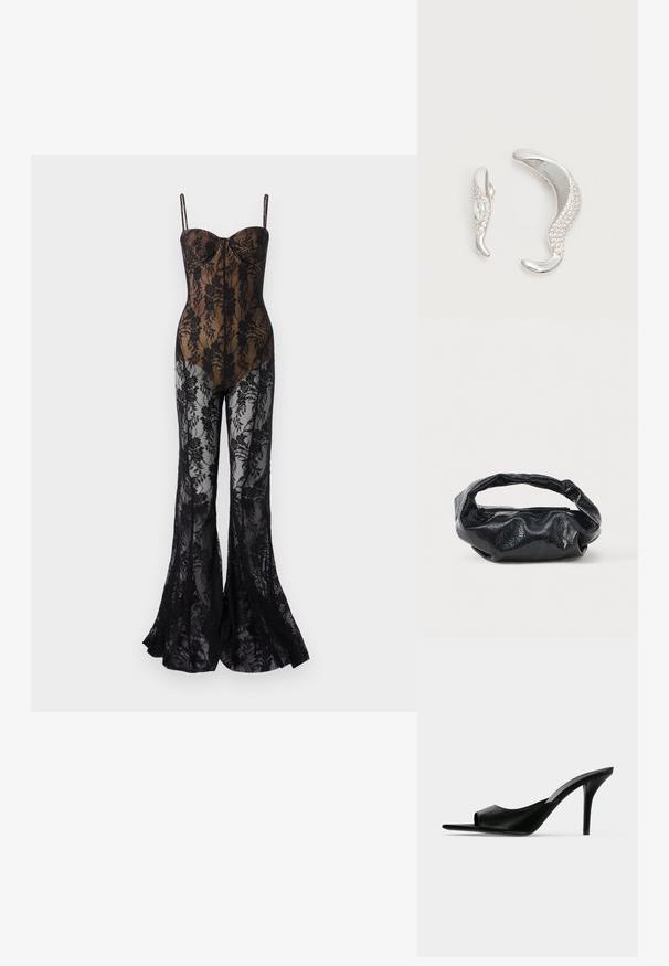 Body en dentelle avec un design floral noir ajusté, featuring des fines bretelles, un décolleté en cœur et des jambes évasées avec une finition transparente.; Mule à talon haut en cuir noir à bout ouvert avec un talon stiletto fin, vue de profil sur un fond uni.; Sac noir en matériau texturé et brillant avec une poignée circulaire torsadée et une fermeture éclair. Présente un design doux et froissé.; Deux boucles d'oreilles argentées courbées, l'une plus grande que l'autre, toutes deux ornées de petits cristaux scintillants le long d'un bord.