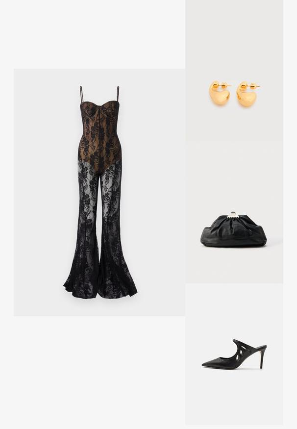 Lace bodystocking med en tætsiddende, sort blomsterdesign, med tynde stropper, en sweetheart-halsudskæring og flair ben med et gennemsigtigt finish.; Sorte læder højhælede mules med spids tå, udskåret sideskærm og glat tekstur. Stiletthæl og subtil syning.; Sort læderclutch med en samlet tekstur, metal lukning og diskret præget logo på forsiden. Rundet form.; Par af små, robuste ørestikker i guldfarvet metal med glatte, buede, abstrakte former på en lys baggrund.