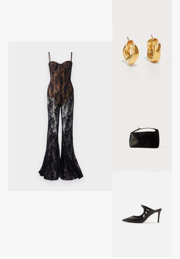 Lace bodystocking med en tætsiddende, sort blomsterdesign, med tynde stropper, en sweetheart-halsudskæring og flair ben med et gennemsigtigt finish.; Sorte læder højhælede mules med spids tå, udskåret sideskærm og glat tekstur. Stiletthæl og subtil syning.; Sort satinpung med en afrundet form, et håndtag i toppen og en guldaccentlås. Glat tekstur med et minimalistisk design.; Chunky guld hoop øreringe med et let snoet, rørformet design og postsystem bagpå, på en hvid baggrund.