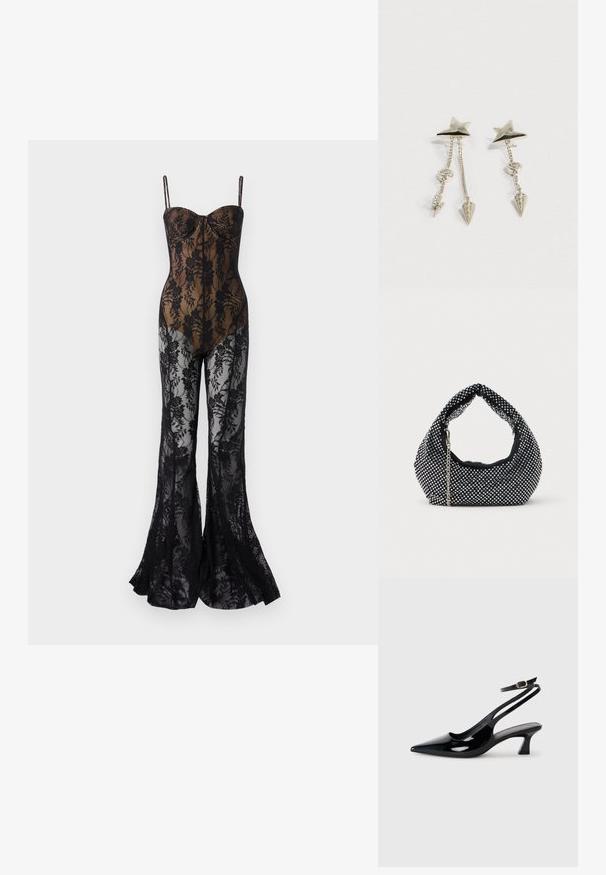 Lace bodystocking med en tætsiddende, sort blomsterdesign, med tynde stropper, en sweetheart-halsudskæring og flair ben med et gennemsigtigt finish.; Sorte patenterede læderslingbacks med spidse tæer, lav blokhælt og justerbar ankelrem med guldspænde.; Sort mesh håndtaske prydet med sølvnitter, udstyret med et buet håndtag og en kædetraspe. Blød tekstur med en rund form.; Sølvstjerneformede ørestikkere med to hængende kæder; den ene kæde ender i en lynformet vedhæng, den anden i en spids kegle med indlejrede sten.