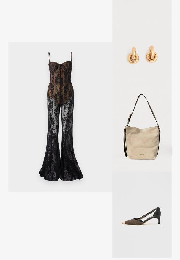 Lace bodystocking med en tætsiddende, sort blomsterdesign, med tynde stropper, en sweetheart-halsudskæring og flair ben med et gennemsigtigt finish.; Brun mønstret slingback-sko med spids snude, sorte detaljer og en guldfarvet tåhætte. Har en tynd hæl og justerbar ankelrem.; Beige ruskind skuldertaske med enkelt rem og lille guld Michael Kors-logo nær bunden i midten.; Par skinnende gyldne hoop-øreringe med tykke cirkulære led på en ensfarvet lys grå baggrund.