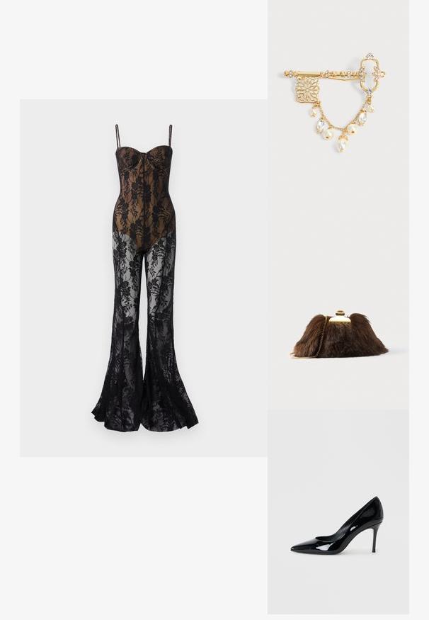 Body en dentelle avec un design floral noir ajusté, featuring des fines bretelles, un décolleté en cœur et des jambes évasées avec une finition transparente.; Escarpin en cuir verni noir avec un bout pointu et un talon aiguille délicat. Texture lisse avec un fini brillant et un design minimaliste.; Pochette en fausse fourrure marron avec fermoir et chaîne dorés. Texture douce, forme triangulaire, et aspect légèrement duveteux.; Broche ornementale dorée en forme de clé avec cristaux transparents, détails en filigrane, et chaîne en or suspendue avec perles et breloques en cristal sur fond blanc.