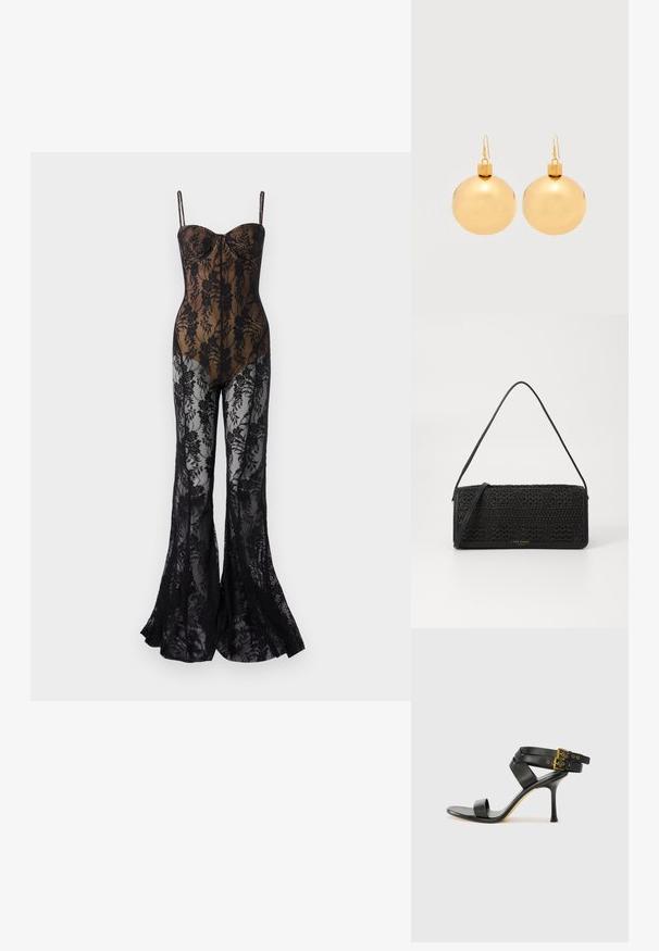 Lace bodystocking med en tætsiddende, sort blomsterdesign, med tynde stropper, en sweetheart-halsudskæring og flair ben med et gennemsigtigt finish.; Sort hæl-sandal med krydsede stropper og justerbar spænde. Har en glat overflade og spids stilettohæl.; Sort håndtaske med et struktureret vævet mønster, læderdetaljer, en slank form og en lang skulderrem. Guldlogo detalje på forsiden.; Par af skinnende gyldne julekugleøreringe med krog-lukninger på en ensfarvet hvid baggrund.