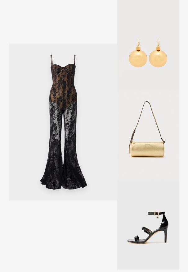 Lace bodysuit with a fitted, black floral design, featuring thin straps, a sweetheart neckline, and flared legs with a sheer finish.; Black patent leather sandal with three straps, ankle buckle, and 4-inch stiletto heel. Features gold hardware detail and logo charm.; Gold cylindrical leather shoulder bag with adjustable strap and zipper closure, Michael Kors logo centered on front.; Pair of shiny gold Christmas bauble earrings with hook fastenings on a plain white background.