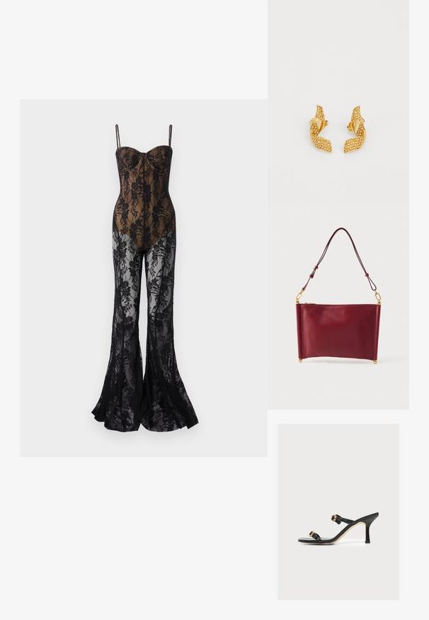 Lace bodystocking med en tætsiddende, sort blomsterdesign, med tynde stropper, en sweetheart-halsudskæring og flair ben med et gennemsigtigt finish.; Sort sandal med hæl med to tynde remme med gyldne runde spænder, en spids høj hæl og en beige sålekant.; Vinrød læderhåndtaske med rektangulær form, guldfarvede metaldetaljer, lynlåslukning og en tynd skulderrem. Glat tekstur.; Guldtonede øreringe med et snoet bladdesign, prydet med små funklerende sten, og fastgjort med en postbag.