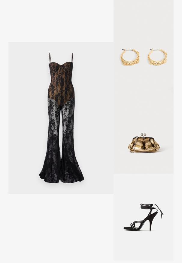 Body en dentelle avec un design floral noir ajusté, featuring des fines bretelles, un décolleté en cœur et des jambes évasées avec une finition transparente.; Patrizia Pepe Sandales à talons hauts - black; Petit sac pochette doré à sequins avec un fermoir argenté et une courte chaîne argentée sur un fond clair uni.; Paire de boucles d’oreilles créoles couleur or avec embossage floral et feuillage orné sur un fond neutre.
