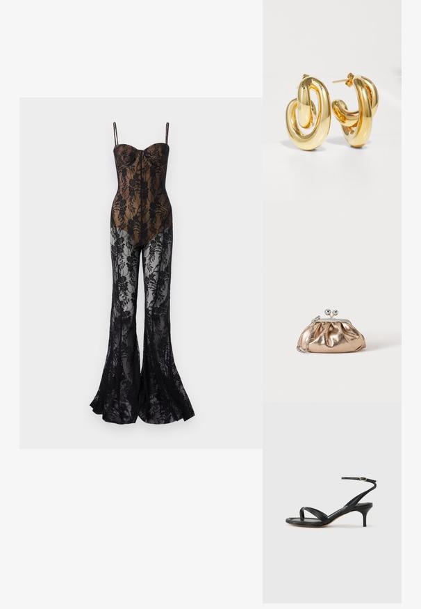 Lace bodystocking med en tætsiddende, sort blomsterdesign, med tynde stropper, en sweetheart-halsudskæring og flair ben med et gennemsigtigt finish.; Sort damesandal i læder med tynde remme, en tå-loop, ankelspænde og en mellemhøj stiletthæl på en neutral baggrund.; Lille gylden metalisk clutch taske med sølvspænde og kæderem på ensartet lyst baggrund.; Charlotte Chesnais BO INITIAL BLOW - Øreringe - gold-coloured