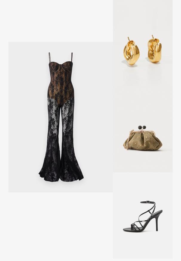 Lace bodystocking med en tætsiddende, sort blomsterdesign, med tynde stropper, en sweetheart-halsudskæring og flair ben med et gennemsigtigt finish.; Sort højhælet sandal med tynde stropper, en ankelspænde, en glat læderoverflade og en slank stilethæl.; Lille clutch taske med gyldent og sort geometrisk mønster, guldfarvet metalramme, sort kuglelås og en kort guldkæde som rem.; Chunky guld hoop øreringe med et let snoet, rørformet design og postsystem bagpå, på en hvid baggrund.