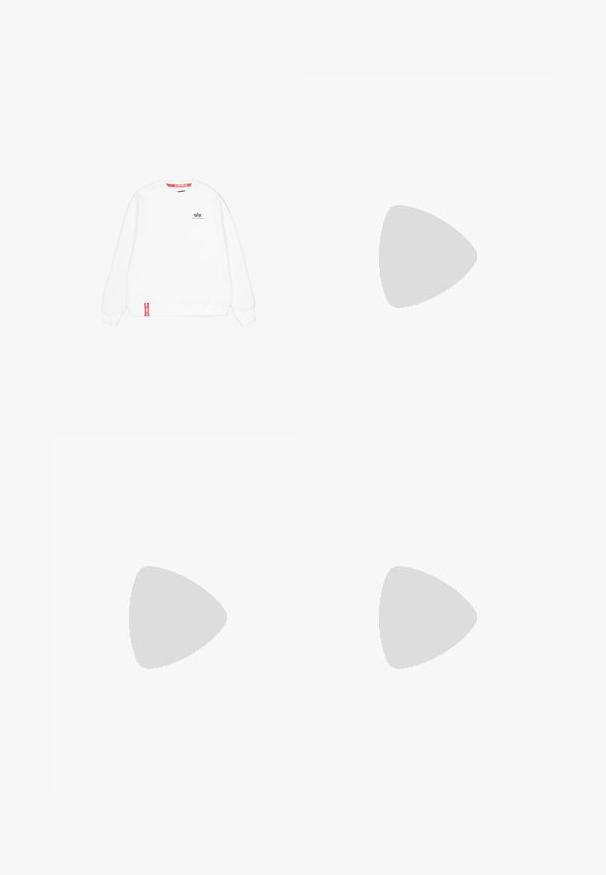 Sudadera de cuello redondo de manga larga blanca con pequeño logo negro de Alpha Industries en el lado izquierdo del pecho y etiqueta roja cerca del dobladillo inferior.; Camiseta blanca de manga corta hecha de algodón con corte recto. Presenta un pequeño texto de logo negro en la parte izquierda del pecho.; Vaqueros de mezclilla gris oscuro con corte recto, que presentan un diseño clásico de cinco bolsillos y un ligero desgastado. Cierre con botón de metal y cremallera.; Zapatillas altas blancas hechas de cuero suave con puntera perforada, cierre de cordones y sutil detalle del logo en el lateral. Suela de goma texturizada.