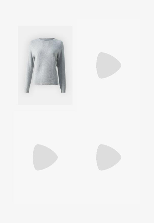 Hellgrauer Pullover aus weichem Material, mit Rundhalsausschnitt, langen Ärmeln und gerippten Bündchen sowie Saum für eine figurbetonte Optik.; Blaue High-Waist-Jeans mit geradem Bein, Knopf- und Reißverschluss, Vorder- und Gesäßtaschen, auf schlichtem, hellem Hintergrund dargestellt.; Schwarze Wildleder-Sneaker mit weißen Lederakzenten, drei weißen Streifen, flachen Schnürsenkeln und einer dicken grauen Plateausohle. Goldenes "Gazelle"-Branding.; Schwarze Lederhandtasche mit dreieckiger Form, schrägem Klappdeckel und rundem Oberhandgriff. Verfügt über eine glatte Textur und minimalistische Designdetails.