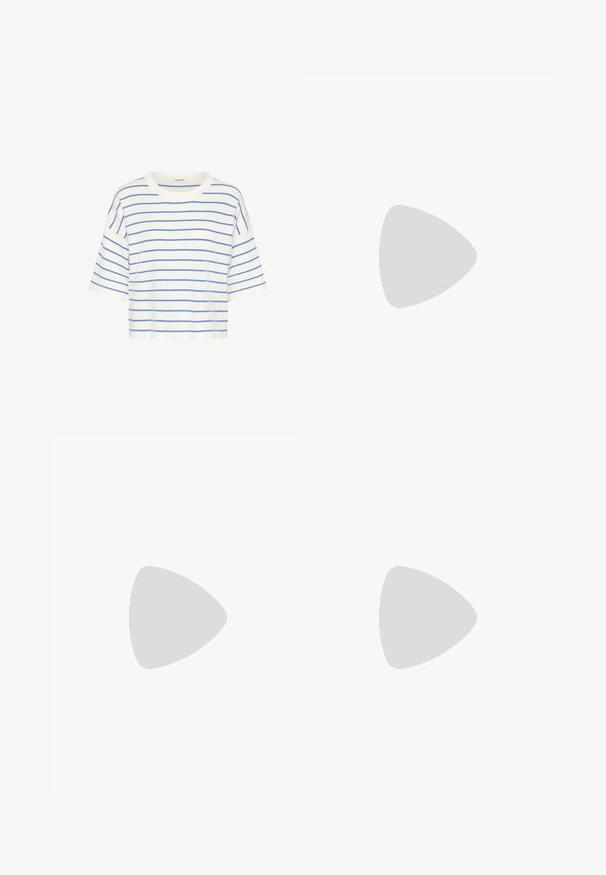 Camiseta recortada de algodón blanco con rayas horizontales azules, con mangas cortas y escote redondo. Diseño simple y casual.; ICHI IHFlared - Vaqueros a campana - dark blue; Zapato plano beige con punta, con una delgada correa de hebilla y una suela baja marrón, mostrado de lado sobre un fondo blanco.; Bolso de mano de cuero marrón con textura suave, forma redondeada y doble asa. Presenta un logo dorado y una pequeña etiqueta adjunta.