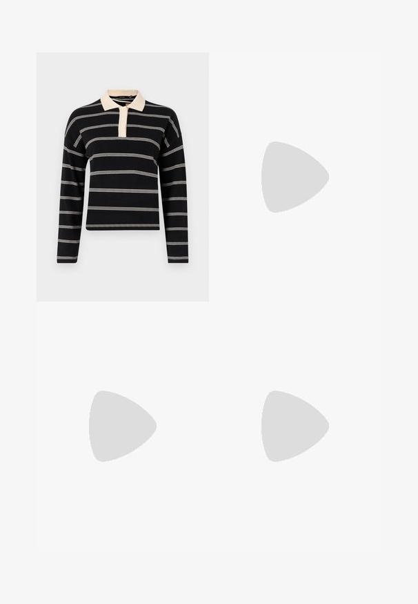 Camisa polo negra de manga larga con rayas horizontales crema, con un cuello crema y tapeta de tres botones. Tejido de punto suave.; Vaqueros de mezclilla azul con un lavado desgastado, que cuentan con un diseño clásico de cinco bolsillos, cierre de botones y un corte recto.; Piernas con leggings oscuros acanalados combinados con bailarinas negras que presentan pequeños detalles de lazo sobre un fondo blanco.; Pequeño bolso negro brillante con dos asas largas y detalles de cordón lateral sobre un fondo claro liso.