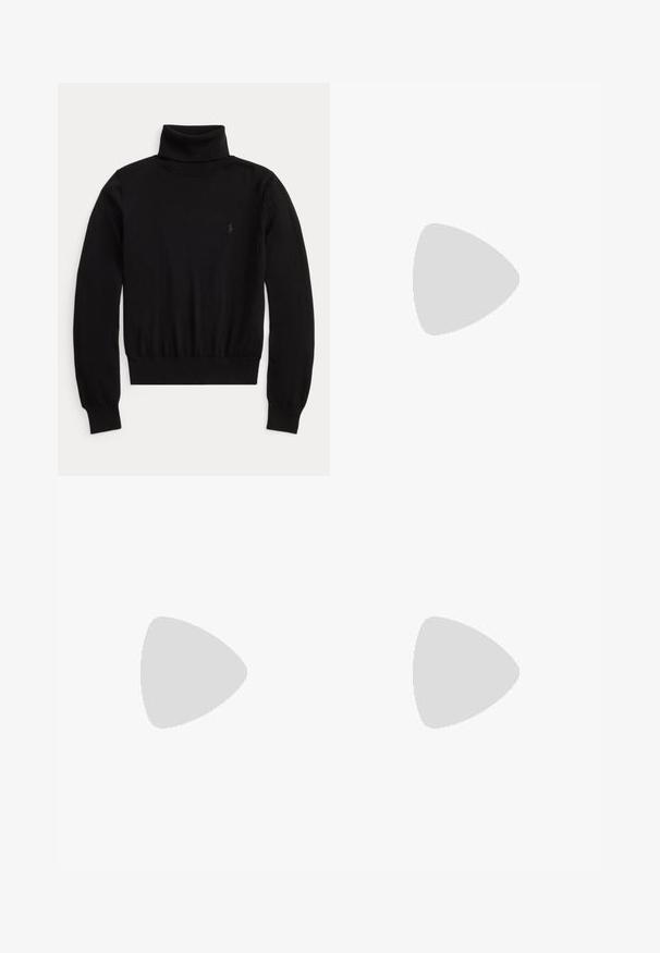 Black long-sleeve turtleneck sweater with ribbed cuffs and hem, featuring a subtle embroidered logo on the left chest.; High-waisted blue denim jeans with wide legs, front patch pockets, button closure, and faded areas on thighs and knees.; Black leather ankle boot with a low block heel, rounded toe, and pull tab at the back against a plain white background.; Black suede crescent handbag with a single black strap and gold clasp featuring a polo player logo.