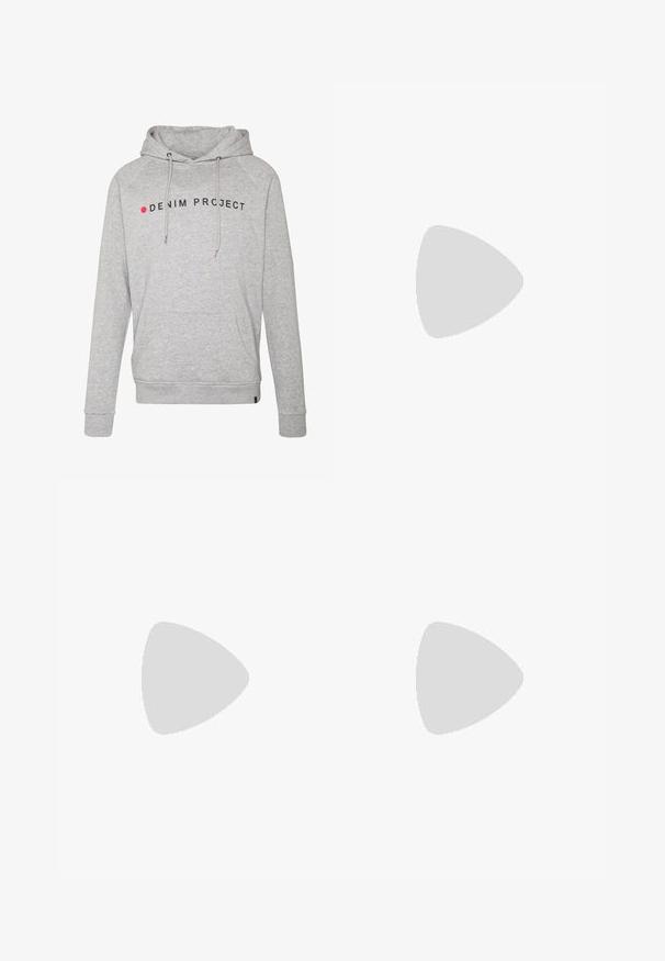 Grijze katoenen hoodie met een trekkoordkap, een voorzak en de tekst "DENIM PROJECT" in zwart met een rode stipaccent. Normale pasvorm.; Witte katoen T-shirt met een grafiek van een beer in een zonnebril en een hoed, met de tekst "SOUND WAVE VINTAGE VIBES" in vette letters.; Denim jeans hebben een vervaagde blauwe kleur, slim fit, versleten details met zichtbare scheuren, een vijf-pockets ontwerp en een knoopsluiting.; Witte leren sneaker met zwarte suède accenten; voorzien van een rubberen zool, ronde neus en een klassieke vetersluiting. Zijkant met logo in het zwart.