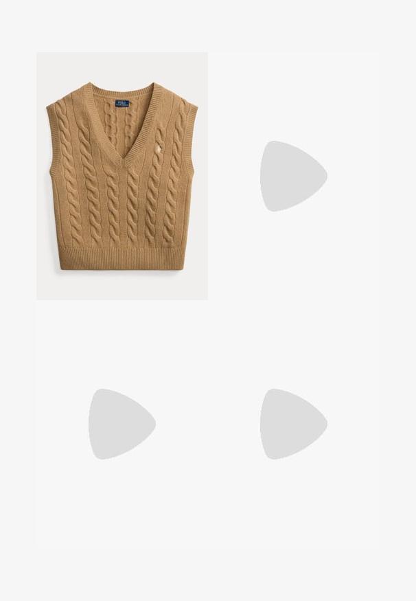 Kaamelpruun palmikutega ilma varrukateta V-kaelusega kampsunvest Polo Ralph Laureni sildiga ja ees väike tikitud logo.; Hele sinine pikkade varrukatega nööpidega särk kraega ja väikese tikandiga logoga vasakul rinnal.; Pehmeast nahast plisseeritud seelik, millel on sinepikollane värv, vöökohale mõeldud nööbid ja esikülje tasku detail.; Burgundi värvi nahast loaferid sileda viimistluse, ümmarguse nina, dekoratiivse õmblusega ja madala kannaäärtega. Interjööril on pehme beež vooder.