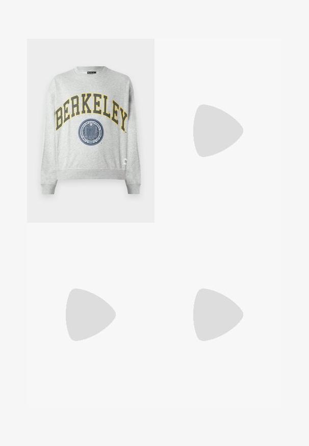 Sweatshirt gris avec un imprimé jaune "BERKELEY" et un graphique de sceau bleu. Manches et ourlet côtelés, avec une étiquette sur le bas à gauche.; T-shirt gris foncé manches courtes à col rond, design simple et texture de tissu lisse.; Shorts décontractés gris avec taille élastique et cordons, poches avant et ourlet droit sur fond blanc.; Baskets argentées avec une texture lisse, un design à lacets, des accents perforés et une semelle en caoutchouc marron texturé.