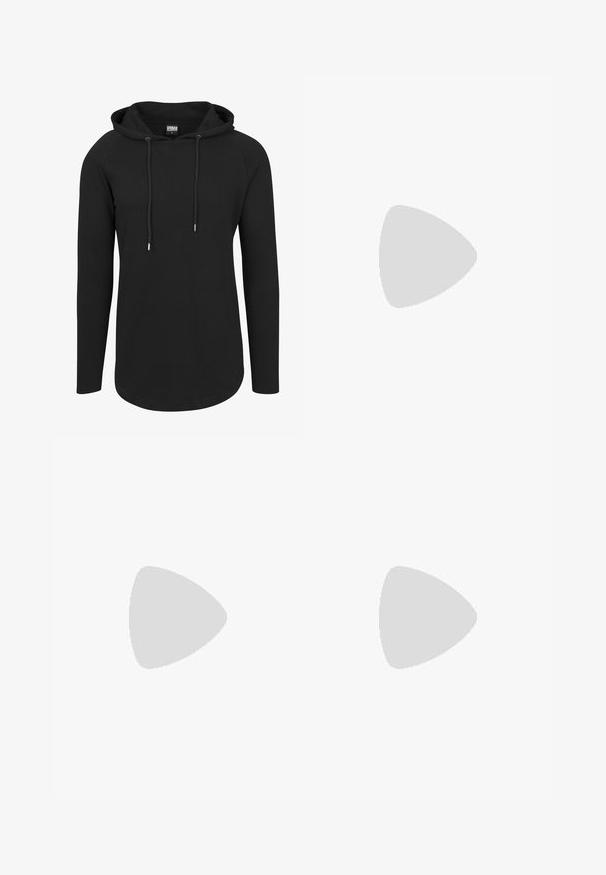 Sweatshirt à capuche noire avec des manches longues, texture côtelée, cordons de serrage au cou et ourlet courbe. Design classique et minimaliste.; Chemise noire à manches longues avec col et poignets, comportant sept boutons visibles le long de la patte de boutonnage avant.; G-STAR ZIP 3D SKINNY - Pantalon classique - black; Baskets basses blanches à lacets, doté d'un col rembourré et d'une semelle en caoutchouc texturée, présentées de profil sur un fond neutre.