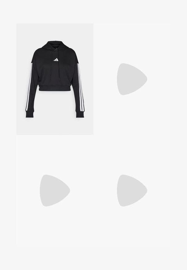 Zwarte cropped hoodie met een voorste kangaroo zak, verstelbare trekkoorden en witte drie-strepen accenten op de mouwen. Bevat een logo.; Zwart mouwloos sporttop gemaakt van gladde stof. Heeft een ronde halslijn en een klein wit Adidas-logo op de borst.; Zwarte sportieve rok met brede tailleband, subtiele zijstrepen en een klein Adidas-logo op de onderste rechterzoom.; Witte sportieve schoen met een mesh bovenkant, rubberen zool en een design met drie strepen. Veters worden versteld; lichtgrijze en mintgroene kleding zichtbaar.