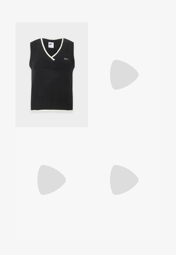 Čierna pletená vesta bez rukávov s bielym lemom na výstrihu do V a na spodnom leme, s malým bielym logom Nike Swoosh na hrudi.; Biela bunda s krátkym rukávom, so zipsom vpredu a malým golierom, zobrazená na rovine na jednofarebnom pozadí.; Čierne široké nohavice s elastickým pásom a nastaviteľnou šnúrkou. Vyrobené z ľahkej tkaniny s hladkou textúrou. Bez viditeľných vzorov.; Čierna športová sandála s uzavretou špičkou, suchými zipsami na priehlavku a päte a hrubou vystlanou podrážkou označenou "AIR" na boku.