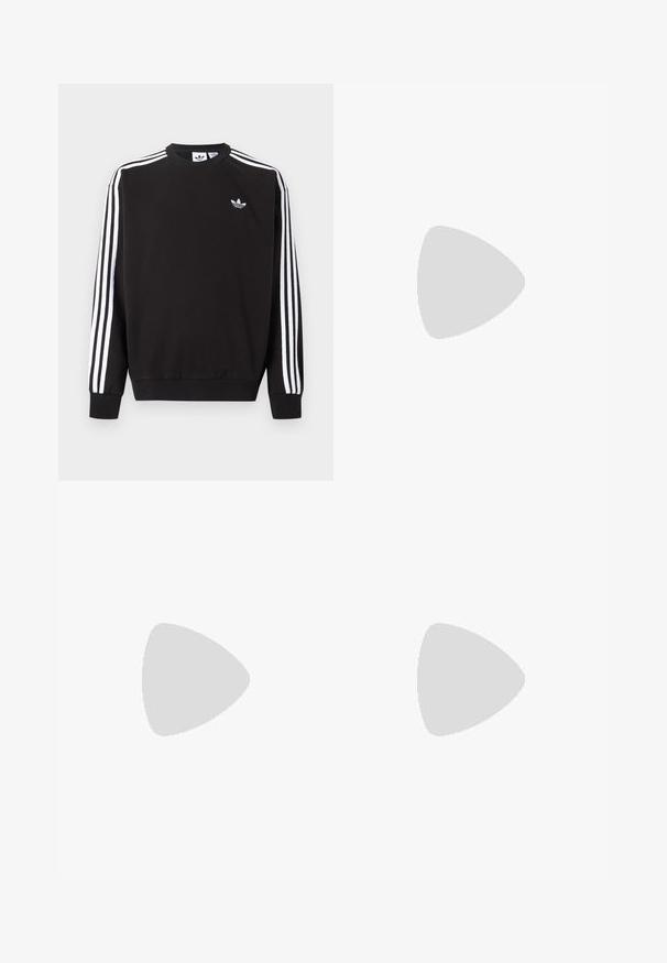 Zwarte Adidas trui met witte drie strepen op de mouwen en klein wit klaverbladlogo op de linkerborst.; Wit mouwloos hemdje met ronde hals en Weekday-merklabel aan de binnenkant van de achterkraag, plat weergegeven op een lichte achtergrond.; Blauwe zwemboxers met een elastische tailleband, witte trekkoord en zwarte zijpanelen met drie witte strepen en een Adidas-logo.; Zwarte Adidas-sneaker met witte strepen, blauwe veters en een gumzool die boven een grijze betonnen trede zweeft in zacht licht.