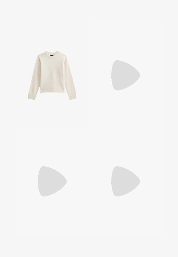Lys beige strikket sweater med ribbet crew hals og kant, som har lange ærmer og en afslappet silhuet. Blød tekstur og minimalistisk design.; Højtaljede, vide jeans i mørkegrå denim, med forlommer, kontrastfarvede kobbernitter og en ren finish uden pynt.; Sorte ruskinds ankelstøvler med en rund tå, der har en forhøjet sål og en sidesløjfe for nem påtagning. Designet er enkelt med minimale detaljer.; Sort lædertaske med en afrundet trapezform og en enkelt buet skulderrem, vist mod en ensartet lys baggrund.