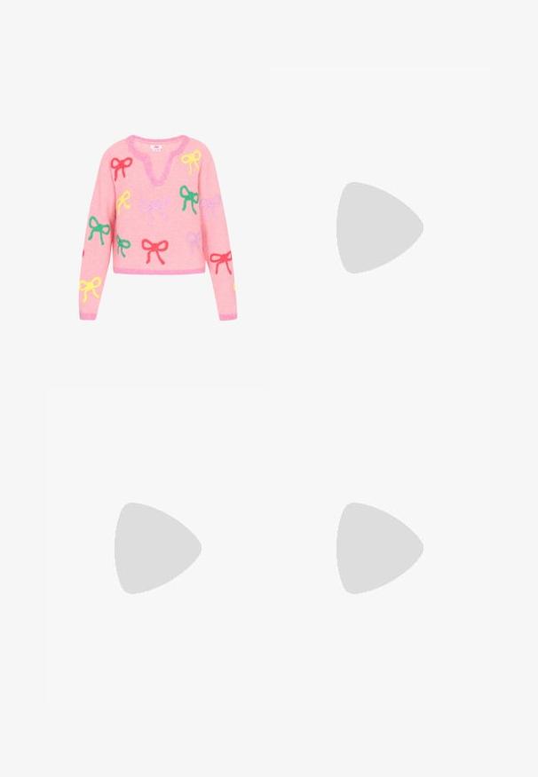 Pink knitted sweater with a V-neck, featuring multi-colored bow appliqués in red, green, yellow, and purple. Cropped design with ribbed cuffs.; Urban Classics Tracksuit bottoms - softpink; White chunky sneaker with thick sole, decorated with pastel pink, orange, and blue butterfly appliques on sides and heel.; Drawstring bag in pink fabric, featuring floral embroidery and shiny accents. Smooth texture with flat straps for carrying.